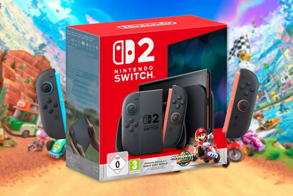 De Nintendo Switch 2 console in de Mario Kart World bundel.